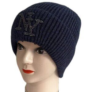Men Women Rhinestones NY Winter Knit Fur lined Thick Beanie Hat - Navy Blue